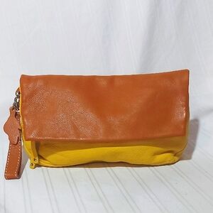 3. ROOTS LEATHER YELLOW AND TAN CLUTCH BAG NWOT!